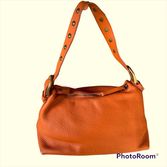 Vintage Miu Miu Y2K  Orange Pebbled Leather Handbag with Brass Studs - Picture 6 of 13